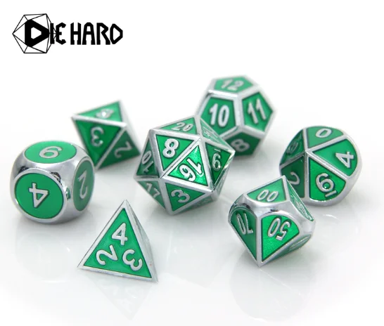 Metal Gemstone Dice Set - Silver Emerald (7)