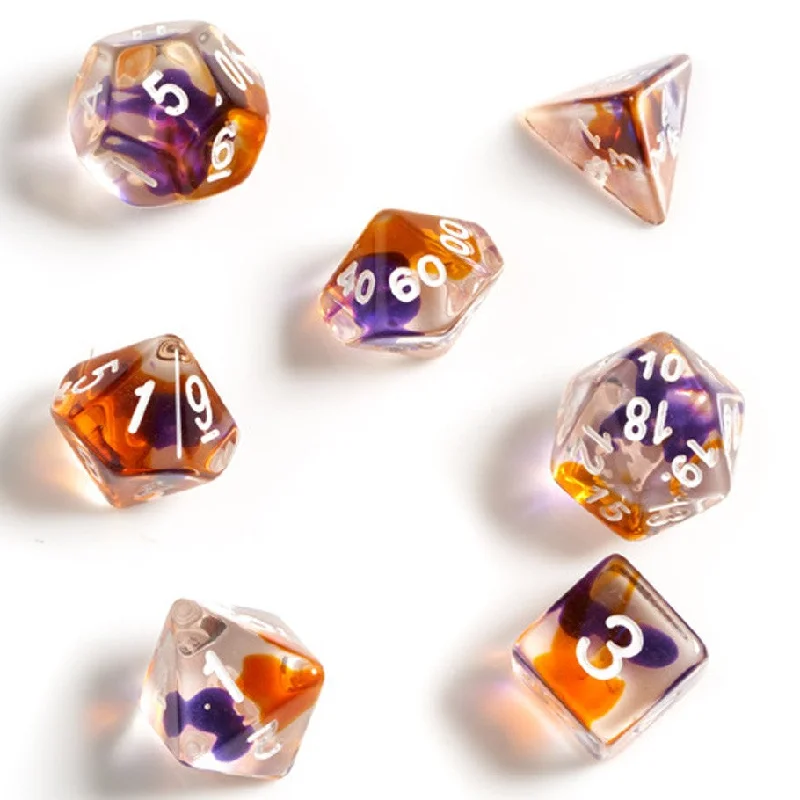 Sirius Dice Set - Semi-transparent Clear with Pruple and Orange